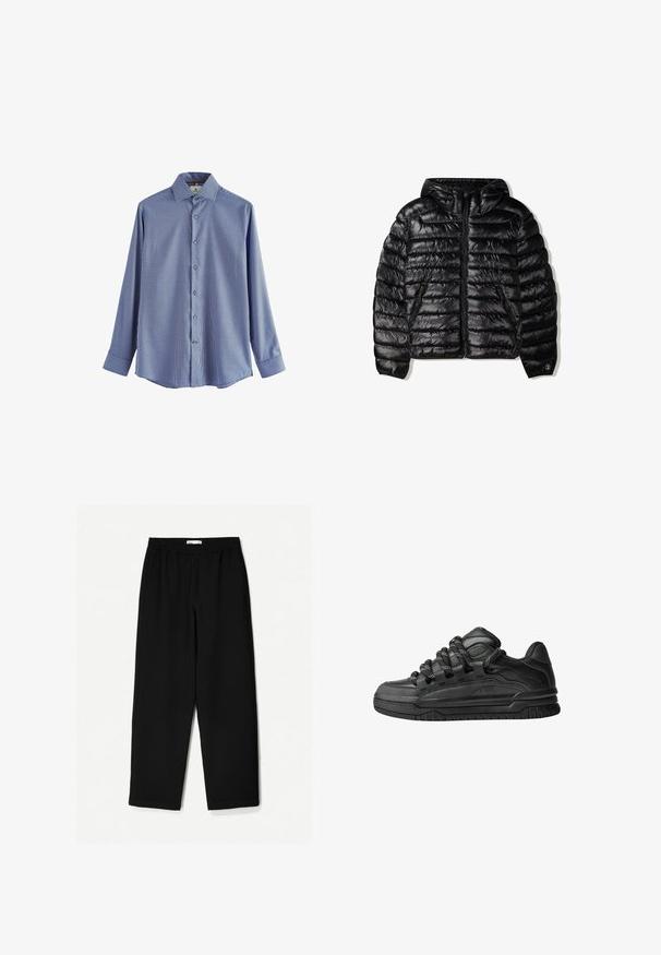Čierna zateplená bunda s kapucňou, s prešívaným dizajnom, so zipsom a dvoma bočnými vreckami. Vyrobená z hladkého, lesklého materiálu.; Košeľa s dlhým rukávom v modro-bielom kockovanom vzore. Má klasický golier, predné zapínanie na gombíky a modré gombíky. Vyrobená z bavlnenej zmesi.; Čierne nohavice s širokými nohavicami vyrobené z ľahkej tkaniny. Majú elasticitu v páse a hladký povrch. Bez viditeľných vzorov alebo kovania.; Čierne tenisky s hladkým koženým zvrškom, štruktúrovanými akcentami a okrúhlymi čierno-bielymi šnúrkami. Hrubá gumená podrážka s vzorovaným dezénom.