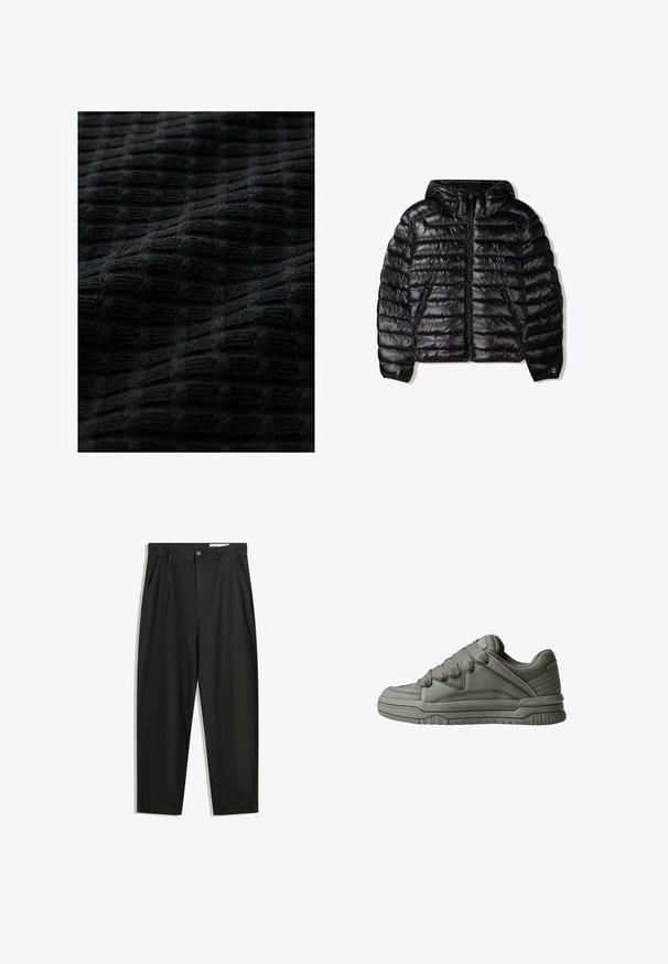 Mustat puffatakki hupulla, jossa on tikattu muotoilu, vetoketjusuljin ja kaksi sivutaskua. Valmistettu sileästä, kiiltävästä materiaalista.; Mustaa neulosta, jossa on tekstuuriltaan ruudullinen kuvio, kohotetut neliöt tuovat syvyyttä ja pehmeän, tuntuman.; Mustat puuvillahousut rentoa mallia, joissa on klassinen vyötärö, etukangastukset ja sivutaskut. Sileä pinta ilman kuvioita.; Harmaa urheilukenkä, jossa on tekstiilipintainen nahka- ja verkko-yläosa, paksu kumipohja sekä voimakkaasti pehmustettu kieli ja sivut. Kengissä on nauhat ja sivukorostukset.