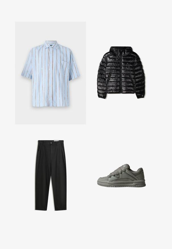 Czarna kurtka puchowa z kapturem, z pikowanym wzorem, zamkiem błyskawicznym oraz dwoma bocznymi kieszeniami. Wykonana z gładkiego, błyszczącego materiału.; Jasnoniebieska koszula z krótkim rękawem w pionowe białe i brązowe paski, z guzikami z przodu i jedną kieszonką na piersi.; Czarne bawełniane spodnie o luźnym kroju, z klasycznym pasem, przednimi plisy oraz bocznymi kieszeniami. Gładka struktura, bez wzorów.; Szare buty sportowe z teksturowanej skóry i siateczki, gruba gumowa podeszwa oraz wyraźnie wyściełany język i boki. Zawierają sznurowadła i akcenty po bokach.