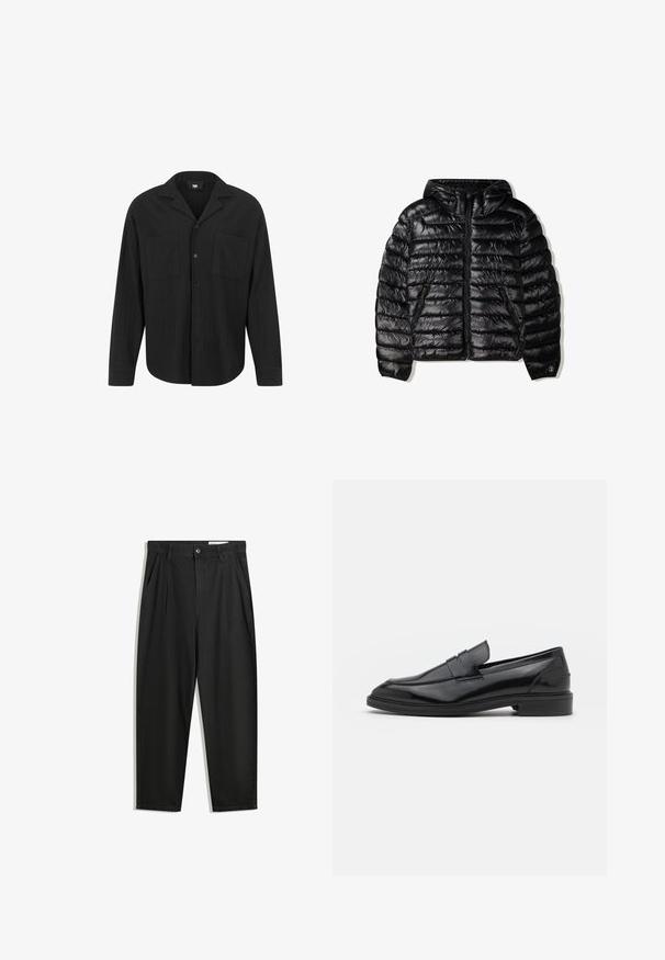 Sort dunjakke med hætte, der har quiltet design, lynlåslukning og to sidelommer. Lavet af et glat, skinnende materiale.; Sort langærmet skjorte med klippede krave, frontknaplukning, to brystlommer og lodret ribbet tekstur.; Sorte bomuldsbukser med en afslappet pasform, der har en klassisk talje, frontfolder og sidelommer. Glat tekstur uden mønstre.; Sorte læder loafers med en glat overflade, der har en rund tå og en smal bånd over det øverste. Lav stablet hæl.