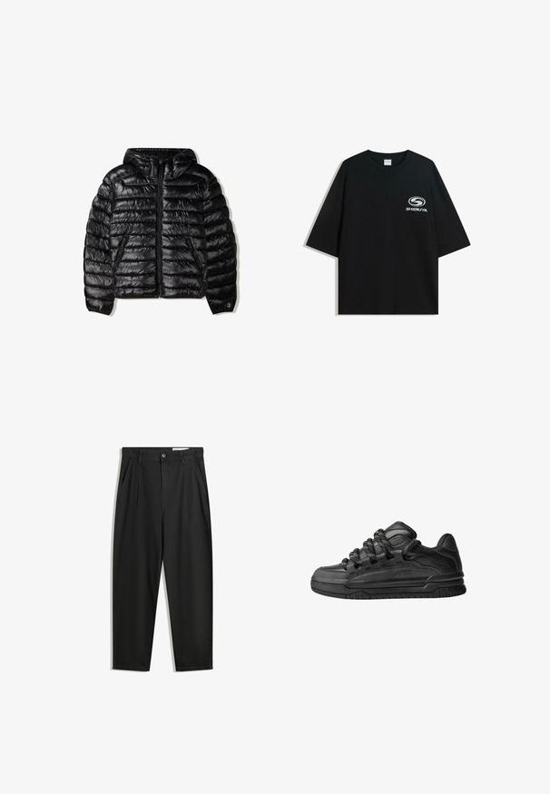 Černá nafukovací bunda s kapucí, která má prošívaný design, zipové zapínání a dvě boční kapsy. Vyrobena z hladkého, lesklého materiálu.; Černé oversized bavlněné tričko s kulatým výstřihem a krátkým rukávem, na přední straně s potiskem bílého loga "Shibuya".; Černé bavlněné kalhoty s uvolněným střihem, klasickým pasem, předními záhyby a bočními kapsami. Hladká textura bez vzorů.; Černé tenisky s hladkým koženým svrškem, texturovanými akcenty a kulatými černobílými tkaničkami. Silná gumová podrážka s vzorovaným dezénem.