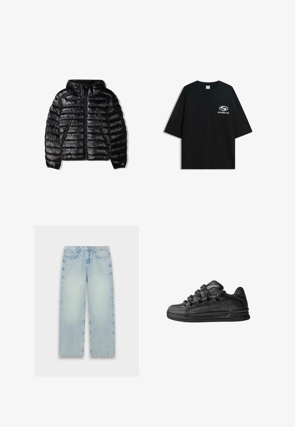 Černá nafukovací bunda s kapucí, která má prošívaný design, zipové zapínání a dvě boční kapsy. Vyrobena z hladkého, lesklého materiálu.; Černé oversized bavlněné tričko s kulatým výstřihem a krátkým rukávem, na přední straně s potiskem bílého loga "Shibuya".; Světlé modré, vysoké džíny z denimu se střihy rovného nohavice, s vybledlým texturem a klasickým pěti kapsovým designem.; Černé tenisky s hladkým koženým svrškem, texturovanými akcenty a kulatými černobílými tkaničkami. Silná gumová podrážka s vzorovaným dezénem.