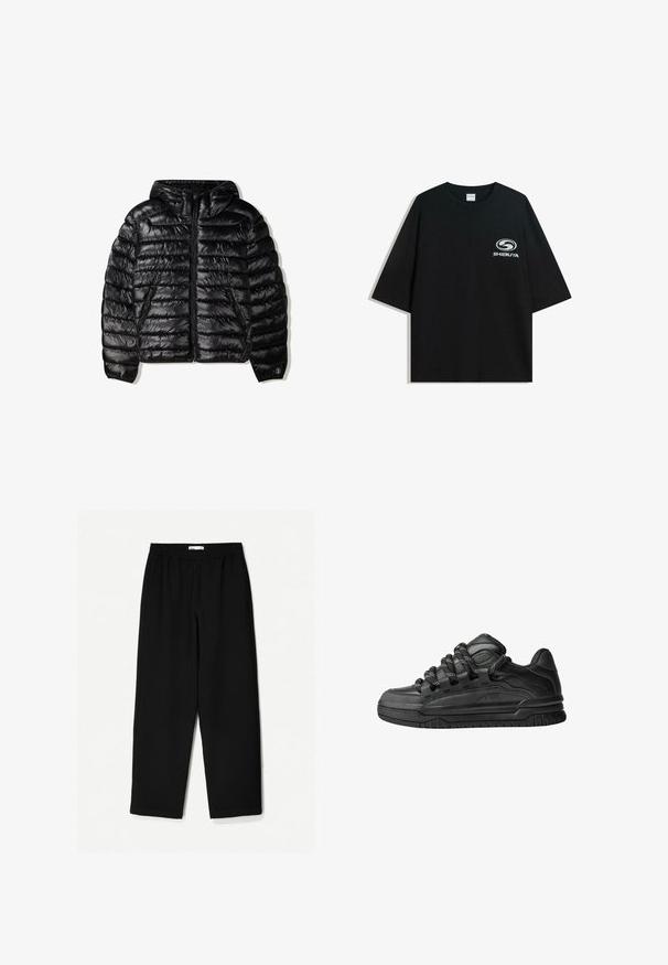 Čierna zateplená bunda s kapucňou, s prešívaným dizajnom, so zipsom a dvoma bočnými vreckami. Vyrobená z hladkého, lesklého materiálu.; Čierne oversize bavlnené tričko s okrúhlym výstrihom a krátkymi rukávmi, s bielym logom "Shibuya" potlačeným na prednej strane.; Čierne nohavice s širokými nohavicami vyrobené z ľahkej tkaniny. Majú elasticitu v páse a hladký povrch. Bez viditeľných vzorov alebo kovania.; Čierne tenisky s hladkým koženým zvrškom, štruktúrovanými akcentami a okrúhlymi čierno-bielymi šnúrkami. Hrubá gumená podrážka s vzorovaným dezénom.