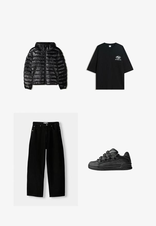 Črna pufi jakna s kapuco, z prešito zasnovo, zadrgo in dvema stranskima žepoma. Narejena iz gladkega, sijočega materiala.; Črna prevelika bombažna majica z okroglo ovratnico in kratkimi rokavi, z belim logotipom "Shibuya" natisnjenim spredaj.; Črne široke hlače iz denima. Imajo pet žepov, zadrgo in kovinske zakovice. Gladka tekstura z ravnim krojem in brez vzorcev.; Črne superge z gladkim usnjenim zgornjim delom, teksturiranimi detajli in okroglimi črnimi ter belimi vezalkami. Debel gumijast podplat z vzorčastim profilom.