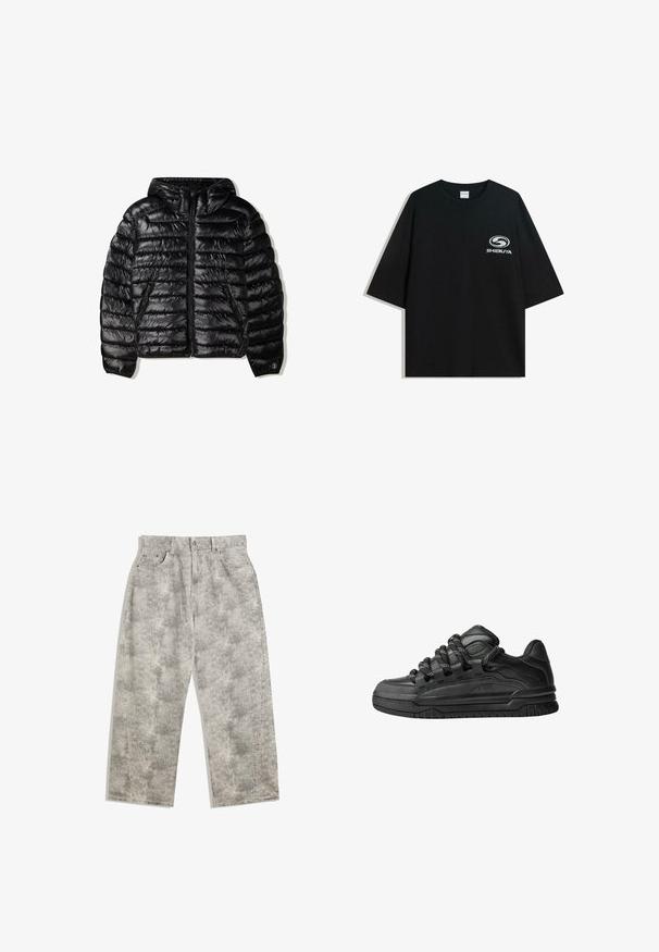 Zwarte pufferjack met capuchon, voorzien van een gelamineerd ontwerp, ritsluiting en twee zijzakken. Gemaakt van een gladde, glanzende stof.; Zwarte oversized katoenen t-shirt met een ronde halslijn en korte mouwen, met een witte "Shibuya" logo gedrukt op de voorkant.; Lichtgrijze denim broek met een relaxte, wijde pasvorm. Heeft een subtiele gemarmerde textuur, vijf zakken en een sluiting met een voorste knoop.; Zwarte sneakers met een glad leren bovenwerk, gearceerde accenten en ronde zwart-witte veters. Dikke rubberen zool met een geprofileerd loopvlak.