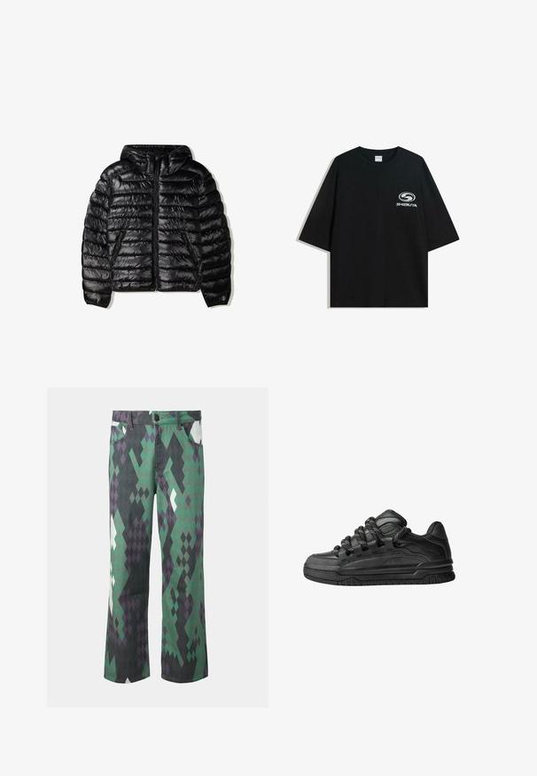 Jachetă puffer neagră cu glugă, cu un design matlasat, închidere cu fermoar și două buzunare laterale. Fabricată dintr-un material neted și lucios.; Tricou XXL din bumbac negru, cu guler rotund și mâneci scurte, având un logo alb "Shibuya" imprimat pe față.; Jeans din bumbac cu croiala largă, decorate cu un model geometric în diamante de culoare verde, negru și mov, dotate cu închidere cu button și bucle pentru curea.; Adidași negri cu o parte superioară din piele netedă, accente texturate și șireturi rotunde negre și albe. Talpă groasă din cauciuc cu un profil texturat.