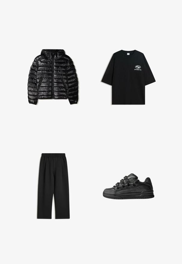 Černá nafukovací bunda s kapucí, která má prošívaný design, zipové zapínání a dvě boční kapsy. Vyrobena z hladkého, lesklého materiálu.; Černé oversized bavlněné tričko s kulatým výstřihem a krátkým rukávem, na přední straně s potiskem bílého loga "Shibuya".; Černé široké kalhoty s elastickým pasem a bočními kapsami, zobrazené na bílém pozadí.; Černé tenisky s hladkým koženým svrškem, texturovanými akcenty a kulatými černobílými tkaničkami. Silná gumová podrážka s vzorovaným dezénem.