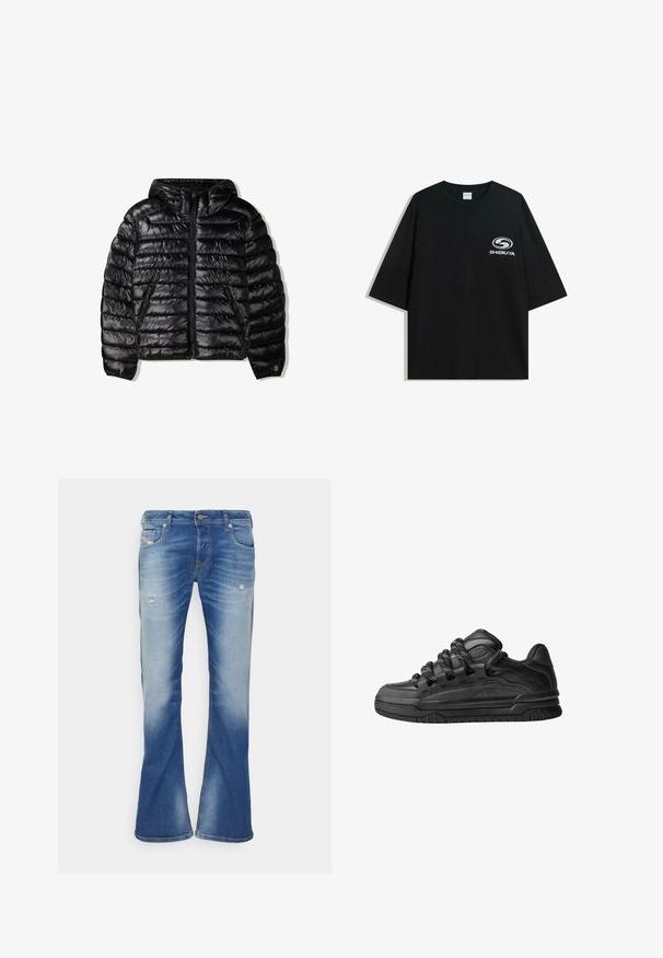 Svart puffjacka med huva, med quiltat mönster, dragkedjestängning och två sidofickor. Tillverkad av ett slätt, glänsande material.; Svart oversized t-shirt i bomull med rund halsringning och korta ärmar, med en vit "Shibuya"-logotyp tryckt på framsidan.; Blå blekta bootcut-jeans med lätt slitage på framsidan av låren och klassisk femficksdesign på vit bakgrund.; Svarta sneakers med ovandel i slät läder, texturerade detaljer och runda svarta och vita snören. Tjock gummisula med ett mönstrat mönster.