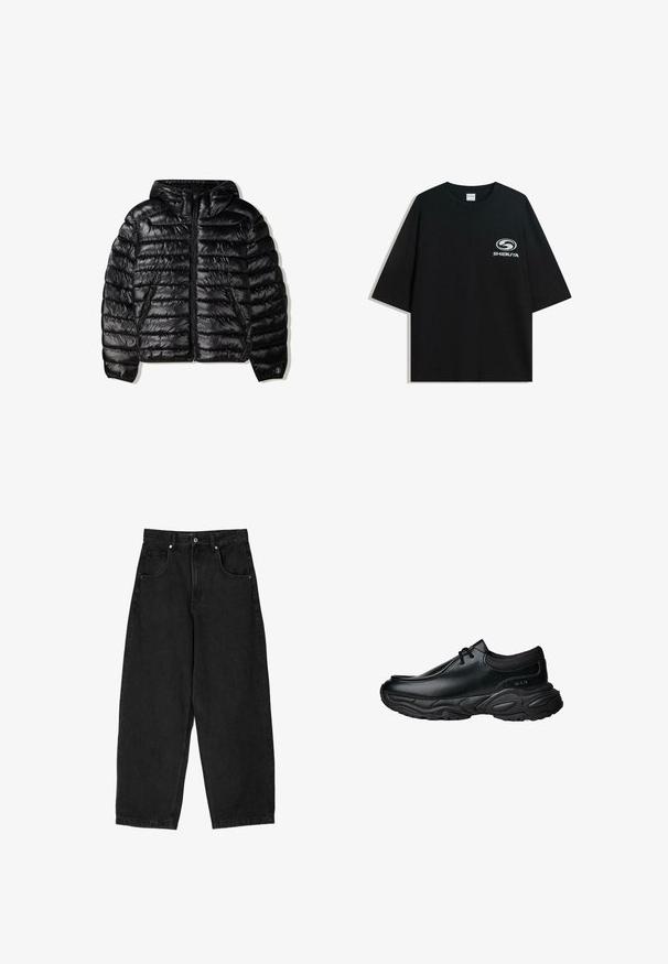 Črna pufi jakna s kapuco, z prešito zasnovo, zadrgo in dvema stranskima žepoma. Narejena iz gladkega, sijočega materiala.; Črna prevelika bombažna majica z okroglo ovratnico in kratkimi rokavi, z belim logotipom "Shibuya" natisnjenim spredaj.; Črne široke hlače iz denima z visokim pasom, opremljene s petimi žepi, z zadrgo in kovinskim gumbom za zapiranje. Gladka tekstura, minimalno podrobnosti.; Črne usnjene čevlje za enostavno obuvanje z zaobljenim nosom in debelim strukturiranim gumijastim podplatom. Imajo diskretne šive in elastične dodatke na ovratniku.