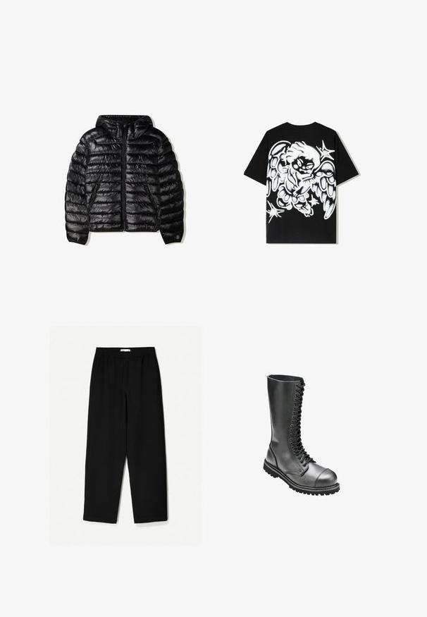Jachetă puffer neagră cu glugă, cu un design matlasat, închidere cu fermoar și două buzunare laterale. Fabricată dintr-un material neted și lucios.; Tricou din bumbac negru, cu un design mare de înger în stil graffiti alb pe spate, având aripi detaliate și accente de stele.; Pantaloni negri, largi, confecționați dintr-un material ușor. Au o talie elastică și o textură netedă. Fără modele vizibile sau accesorii metalice.; Bocanci de luptă din piele neagră, cu șireturi, cu un șanț înalt, vârf rotund, guler căptușit și talpă din cauciuc texturat pentru o aderență sporită.