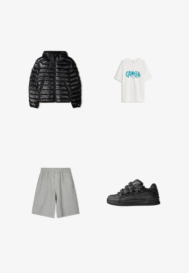 Giubbotto imbottito nero con cappuccio, con design trapuntato, chiusura con zip e due tasche laterali. Realizzato in un materiale liscio e lucido.; Bershka SHORT SLEEVE - T-shirt con stampa - white; Pantaloni corte grigi in cotone con cinturino elastico, dotati di tasche laterali e vestibilità comoda. Texture morbida e design alla lunghezza del ginocchio.; Sneaker nere con una toma in pelle liscia, dettagli testurizzati e lacci tondi neri e bianchi. Suola spessa in gomma con battistrada gommato.