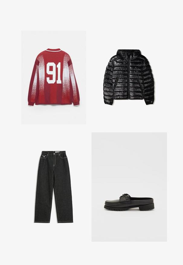 Čierna zateplená bunda s kapucňou, s prešívaným dizajnom, so zipsom a dvoma bočnými vreckami. Vyrobená z hladkého, lesklého materiálu.; Červený sveter s bielym pruhovaným golierom, blednúcimi bielymi vzormi a veľkým bielym nápisom '91' vytlačeným na chrbte.; Čierne rovné džínsy s bielym prešívaním, designom s piatimi vreckami, zapínaním na gombík a zips, a malým logom na pravom prednom vrecku.; Čierne kožené poltopánky bez viazania s detailom šnúrky, zaoblenou špičkou a textúrovanou podrážkou. Majú mierne zvýšený opätok a hladký povrch.