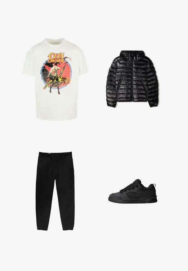 Fekete pufferdzseki kapucnival, steppelt dizájnnal, cipzáras záródással és két oldalsó zsebbel. Sima, fényes anyagból készült.; Fehér pamut póló színes grafikával, amely egy nőt és egy lényt ábrázol, a "Ozzy Osbourne" felirattal, vastag, stílusos betűkkel.; Fekete, rugalmas derékpántos nadrág, zsinóros megkötéssel, tapered lábakkal, oldalsó zsebekkel és diszkrét oldalsó varrási részletekkel. Puha pamut anyagtextúra.; Fekete sportcipő texturált felsőrésszel, fűzőkkel, légáteresztő hálós részletekkel, párnázott bokarésszel és tartós talppal.