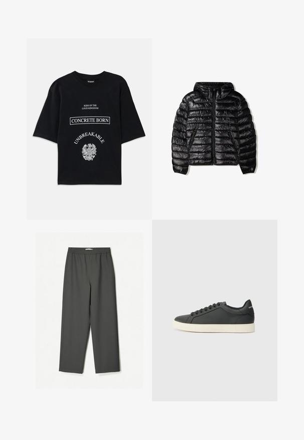 Černá nafukovací bunda s kapucí, která má prošívaný design, zipové zapínání a dvě boční kapsy. Vyrobena z hladkého, lesklého materiálu.; Černé nadměrné tričko s bílým textem "Děti hlučného království," "Narozeni na betonu," "Nerozbitní," a podrobným grafikou orla níže.; Tmavě šedé, vysoce pasové kalhoty s širokými nohavicemi vyrobené z lehkého materiálu. Elastický pas, žádné viditelné vzory a boční kapsy.; Černé kožené tenisky s nízkým profilem, zaoblenou špičkou a šněrováním; mají texturovanou gumovou podrážku a logo na patě.