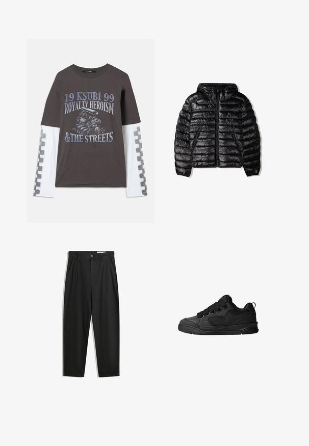 Czarna kurtka puchowa z kapturem, z pikowanym wzorem, zamkiem błyskawicznym oraz dwoma bocznymi kieszeniami. Wykonana z gładkiego, błyszczącego materiału.; Ciemnoszara koszulka z długimi białymi rękawami, z graficznym printem silnika i niebieskim tekstem. Kraciasty wzór na rękawach.; Czarne bawełniane spodnie o luźnym kroju, z klasycznym pasem, przednimi plisy oraz bocznymi kieszeniami. Gładka struktura, bez wzorów.; Czarne sneakersy z teksturowaną cholewką, z sznurowadłami, siateczkowymi akcentami dla lepszej wentylacji, wyściełanym kołnierzem oraz solidną podeszwą.
