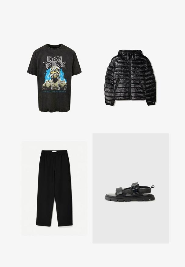 Schwarze Daunenjacke mit Kapuze, mit gestepptem Design, Reißverschluss und zwei Seitentaschen. Hergestellt aus einem glatten, glänzenden Material.; Schwarzes Baumwoll-T-Shirt mit einem Grafikdesign eines mit Bandagen und Ketten umwickelten Schädels, ergänzt durch blaue Blitzelemente und "Iron Maiden World Tour 1984-85."; Schwarze, weit geschnittene Hose aus leichtem Stoff. Mit elastischem Bund und glatter Textur. Keine sichtbaren Muster oder Beschläge.; Schwarze Sandalen mit einem strukturierten Obermaterial aus Stoff, breiten Riemen, Metall-Schnallenakzenten und einer dicke Gummisohle mit einem Profilmuster.