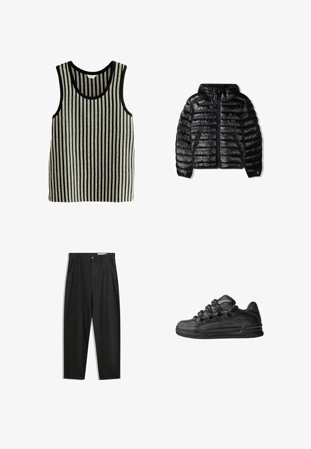 Czarna kurtka puchowa z kapturem, z pikowanym wzorem, zamkiem błyskawicznym oraz dwoma bocznymi kieszeniami. Wykonana z gładkiego, błyszczącego materiału.; Czarny i biały top na ramiączkach z okrągłym dekoltem i bez rękawów. Tekstura z naprzemiennymi grubymi i cienkimi pionowymi liniami.; Czarne bawełniane spodnie o luźnym kroju, z klasycznym pasem, przednimi plisy oraz bocznymi kieszeniami. Gładka struktura, bez wzorów.; Czarne sneakersy z gładką skórzaną cholewką, teksturowanymi akcentami i okrągłymi czarno-białymi sznurowadłami. Gruba gumowa podeszwa z wzorzystym bieżnikiem.
