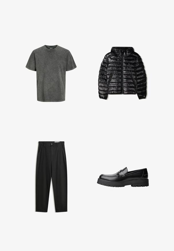 Črna pufi jakna s kapuco, z prešito zasnovo, zadrgo in dvema stranskima žepoma. Narejena iz gladkega, sijočega materiala.; T-shirt s kratkimi rokavi v zbledeli temno sivi barvi, narejena iz mehke tkanine z okroglim izrezom in sproščenim krojem. Gladka tekstura, brez vzorcev.; Črne bombažne hlače s sproščenim krojem, ki vključujejo klasičen pas, sprednje gube in stranske žepke. Gladka tekstura brez vzorcev.; Črne usnjene loafersice s debelim profiliranim podplatom in dekorativnim pasom čez zgornji del, prikazane v levem stranskem profilu na beli podlagi.