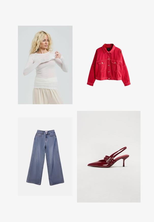 Punainen farkkutakki, jossa on kauluspää, kaksi etutaskua, hopeiset napit ja erottuva ommel. Ominaisuuksiin kuuluu lyhennetty malli ja rento hihan muoto.; Pitkähihaisen, läpikuultavan valkoisen paidan sopiva malli. Kevyt kangas, jonka pinta on sileä. Malli säätää hihaa, yllään kermansävyiset housut.; Vaaleansinisiä leveälahkeisia farkkuja, joissa on korkea vyötärö, etutaskut ja nappisuljenta vyölenkeillä.; Punaiset patenttalahkeet slingback-korkokengät, joissa on terävä kärki, kaksi solkiverkkoa ja kapea, keskipituinen stiletto-korko. Sileä pinta.