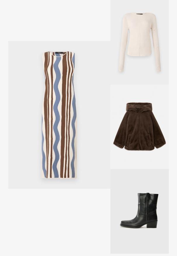 Braune Kunstfelljacke mit Kapuze, Vorderreißverschluss und Seitentaschen, auf einem weißen Hintergrund liegend gezeigt.; Ärmelloses Kleid mit einer cremefarbenen Basis und braunen sowie blauen wellenförmigen Streifen. Aus einem strukturierten Stoff gefertigt, hat es einen geraden Schnitt.; Langärmliges, hellbeiges Oberteil mit rundem Ausschnitt. Aus weichem Stoff gefertigt, verfügt es über eine zentrale Naht und einen leicht geschwungenen Saum. Keine sichtbaren Beschläge.; Schwarze Leder-Ankle Boots mit runder Zehenform, Blockabsatz, seitlichem Reißverschluss und gestickten Akzenten auf dem Blatt. Glatte Textur, klassisches Design.