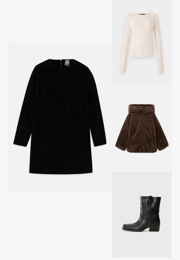Giacca cappotto in finta pelliccia marrone con zip frontale e tasche laterali, mostrata distesa su uno sfondo bianco.; Abito in corduroy nero con maniche lunghe, collo alto e due tasche frontali. Presenta una cerniera sul retro per la chiusura e un tessuto testurizzato.; Maglietta a maniche lunghe di colore beige chiaro con scollatura rotonda. Realizzata in tessuto morbido, presenta una cucitura centrale e un orlo leggermente curvato. Senza hardware visibile.; Stivale ankle in pelle nera con punta arrotondata, tacco a blocco, cerniera laterale e dettagli in cucitura sulla tomaia. Texture liscia, design classico.