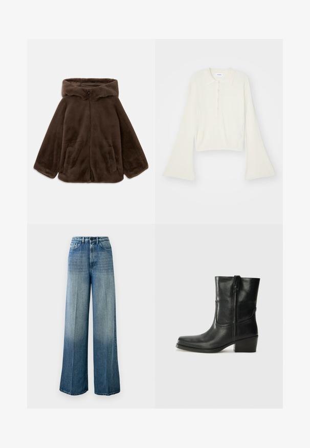 Ruskea tekoturkishuppari, jossa on etuvetoketju ja sivutaskut, esitelty tasaisena valkoista taustaa vasten.; Raitaleva, kerma värinen polo-paita pitkillä, levenevillä hihoilla ja viiden napin listalla. Varustettu pehmeätekstuurisella kauluksella.; Vaaleansiniset, leveälahkeiset farkut, jotka on valmistettu denimistä. Ominaisuuksiin kuuluu korkea vyötärö, klassinen viisi-taskuinen muotoilu sekä haalistuva väriasteikko tummasta vaaleaan.; Musta nahkasaapas nilkkamittaisella varrella, pyöreällä kärjellä, lohkarekorolla, sivuvetoketjulla ja ompeluaksentilla varren yläosassa. Suora pinta, klassinen muotoilu.