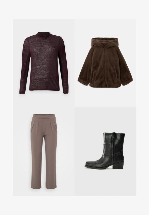 Brown faux fur hooded jacket with front zipper and side pockets, shown laid flat on a white background.; Long-sleeve, lightweight burgundy turtleneck sweater with a semi-sheer knit texture, displayed flat on a white background.; Taupe loose-fit trousers with elastic waistband and front pleats, made from smooth fabric.; Black leather ankle boot with a rounded toe, block heel, side zipper, and stitching accents on the vamp. Smooth texture, classic design.
