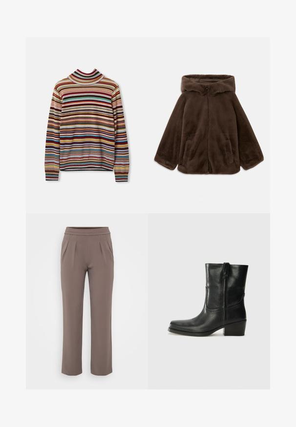 Rjava umjetna krzna jakna s kapuljačom, s prednjim zatvaračem i bočnim žepovima, prikazana položena ravno na bijeloj pozadini.; Turtleneck pulover s prečnimi črtami v rdeči, modri, rumeni in sivi barvi. Izdelan iz mehke tkanine z rebrastimi manšetami.; Taupe hlače širokega kroja z elastičnim pasom in sprednjimi gubi, narejene iz gladkega materiala.; Črne usnjene gležnjarje z zaobljenim nosom, blok peto, stransko zadrgo in šivanjem na vampu. Gladka tekstura, klasična zasnova.