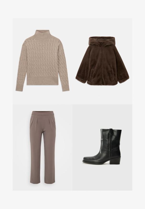 Braune Kunstfelljacke mit Kapuze, Vorderreißverschluss und Seitentaschen, auf einem weißen Hintergrund liegend gezeigt.; Beiger Kabelstrick-Turtleneck-Pullover mit langen Ärmeln und gerippten Bündchen und Saum, flach auf einem weißen Hintergrund ausgelegt.; Taupe-lockere Hose mit elastischem Bund und vorderen Falten, gefertigt aus glattem Stoff.; Schwarze Leder-Ankle Boots mit runder Zehenform, Blockabsatz, seitlichem Reißverschluss und gestickten Akzenten auf dem Blatt. Glatte Textur, klassisches Design.