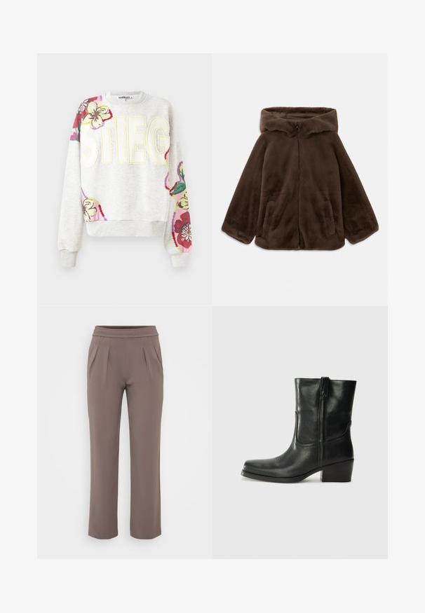 Giacca cappotto in finta pelliccia marrone con zip frontale e tasche laterali, mostrata distesa su uno sfondo bianco.; Felpa grigia con ricami floreali sulle maniche. Presenta la scritta "STIEG" in lettere gialle. Tessuto morbido, polsini e orlo a coste.; Pantaloni taupe a vestibilità ampia con elastico in vita e pieghe frontali, realizzati in tessuto morbido.; Stivale ankle in pelle nera con punta arrotondata, tacco a blocco, cerniera laterale e dettagli in cucitura sulla tomaia. Texture liscia, design classico.