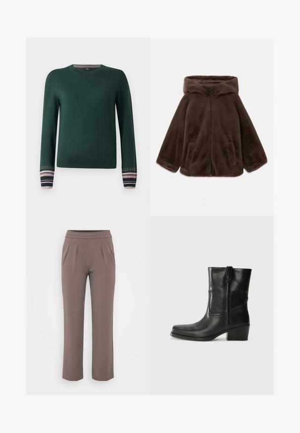 Bruine nep-bont capuchonjack met voorrits en zijzakken, plat gelegd op een witte achtergrond.; Groene lange mouwen trui met een ronde hals en gemusterde manchetten in marineblauw, roze en witte strepen. Gemaakt van een zachte breisel.; Taupe losvallende broek met elastische tailleband en voorplooien, gemaakt van zachte stof.; Zwarte leren enkellaars met een ronde neus, blokhak, zijrits en stikselaccenten op de wreef. Gladde textuur, klassiek ontwerp.
