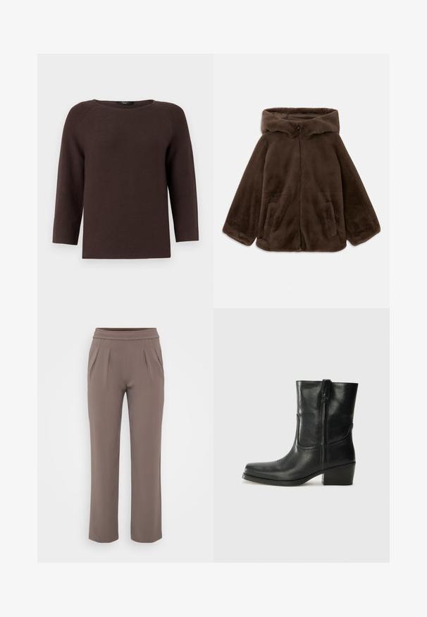 Rjava umjetna krzna jakna s kapuljačom, s prednjim zatvaračem i bočnim žepovima, prikazana položena ravno na bijeloj pozadini.; Rjav pleteni pulover s okroglo ovratnikom in raglan rokavi dolžine tri četrtine. Ima teksturiran vzorec in ravno silhueto.; Taupe hlače širokega kroja z elastičnim pasom in sprednjimi gubi, narejene iz gladkega materiala.; Črne usnjene gležnjarje z zaobljenim nosom, blok peto, stransko zadrgo in šivanjem na vampu. Gladka tekstura, klasična zasnova.