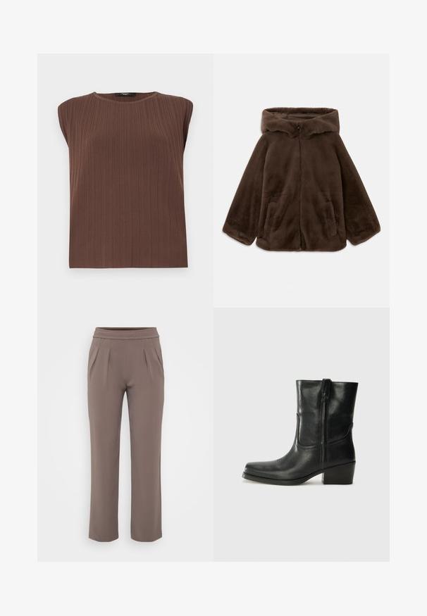 Bruine nep-bont capuchonjack met voorrits en zijzakken, plat gelegd op een witte achtergrond.; Bruine geribde mouwloze top met een ronde halslijn. Zachte textuur, rechte snit en subtiele verticale lijnen die het ontwerp van de stof accentueren.; Taupe losvallende broek met elastische tailleband en voorplooien, gemaakt van zachte stof.; Zwarte leren enkellaars met een ronde neus, blokhak, zijrits en stikselaccenten op de wreef. Gladde textuur, klassiek ontwerp.