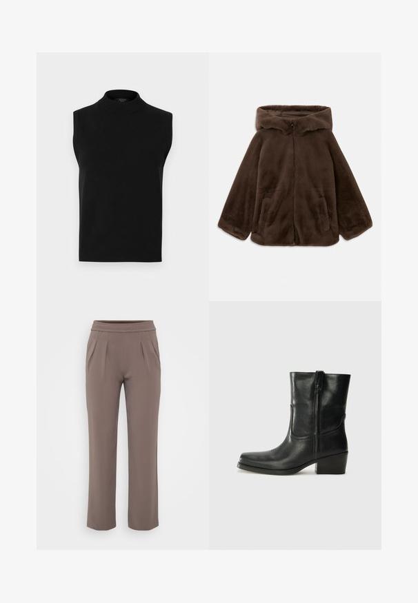 Braune Kunstfelljacke mit Kapuze, Vorderreißverschluss und Seitentaschen, auf einem weißen Hintergrund liegend gezeigt.; Schwarzes ärmelloses Rollkragenoberteil aus glattem Strickstoff, mit hohem Kragen und geripptem Saum, vielseitig für das Schichten.; Taupe-lockere Hose mit elastischem Bund und vorderen Falten, gefertigt aus glattem Stoff.; Schwarze Leder-Ankle Boots mit runder Zehenform, Blockabsatz, seitlichem Reißverschluss und gestickten Akzenten auf dem Blatt. Glatte Textur, klassisches Design.