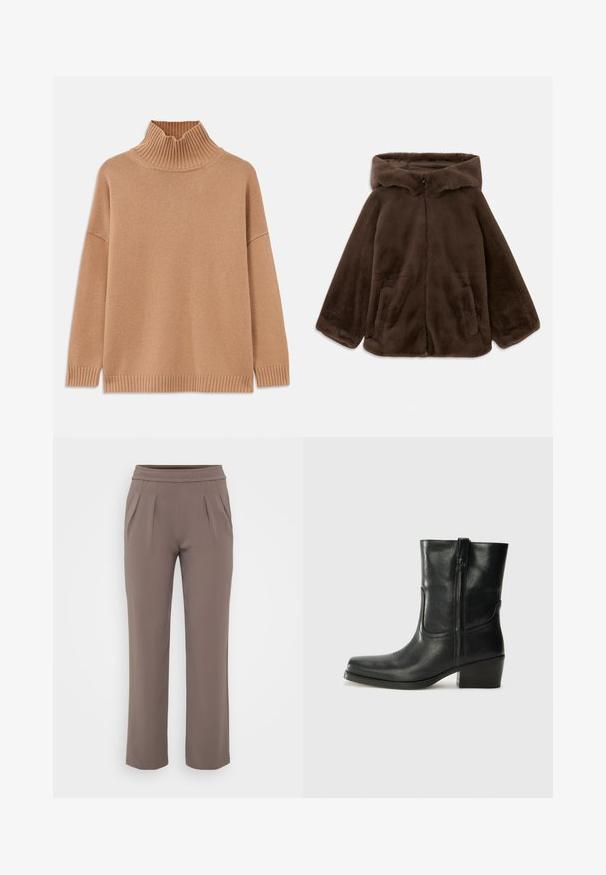 Brown faux fur hooded jacket with front zipper and side pockets, shown laid flat on a white background.; Beige ribbed turtleneck sweater, oversized design, with dropped shoulders and textured knit. Features a straight hem and side slits.; Taupe loose-fit trousers with elastic waistband and front pleats, made from smooth fabric.; Black leather ankle boot with a rounded toe, block heel, side zipper, and stitching accents on the vamp. Smooth texture, classic design.