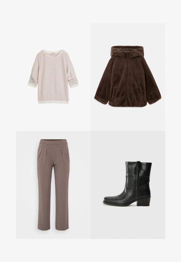 Bruine nep-bont capuchonjack met voorrits en zijzakken, plat gelegd op een witte achtergrond.; Lichtroze gestreepte sweater met driekwartmouwen, ronde halslijn en geribde manchetten. Gemaakt van een zachte stof met een subtiele textuur.; Taupe losvallende broek met elastische tailleband en voorplooien, gemaakt van zachte stof.; Zwarte leren enkellaars met een ronde neus, blokhak, zijrits en stikselaccenten op de wreef. Gladde textuur, klassiek ontwerp.