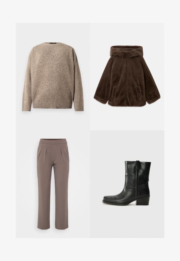 Chaqueta con capucha de pelo sintético marrón, con cremallera frontal y bolsillos laterales, mostrada tendida sobre un fondo blanco.; Suéter de lana beige con tejido texturizado, cuello redondo, hombros caídos y dobladillo acanalado. Acabado suave con una sutil variación de color.; Pantalones sueltos color topo con cinturilla elástica y pliegues frontales, hechos de una tela suave.; Botín negro de cuero hasta el tobillo con punta redondeada, tacón cuadrado, cremallera lateral y detalles de costura en el empeine. Textura suave, diseño clásico.