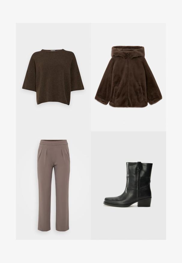 Ruskea tekoturkishuppari, jossa on etuvetoketju ja sivutaskut, esitelty tasaisena valkoista taustaa vasten.; Filippa K TEE - Neule - driftwood; Harmaat löysät housut, joissa on joustava vyötärö ja etutaskut, valmistettu sileästä kankaasta.; Musta nahkasaapas nilkkamittaisella varrella, pyöreällä kärjellä, lohkarekorolla, sivuvetoketjulla ja ompeluaksentilla varren yläosassa. Suora pinta, klassinen muotoilu.