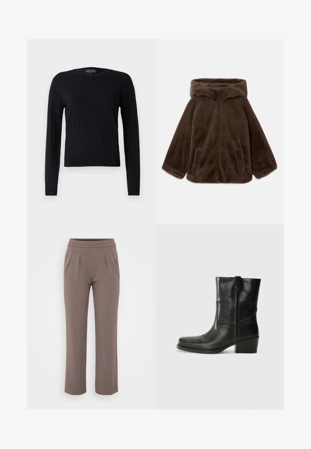 Braune Kunstfelljacke mit Kapuze, Vorderreißverschluss und Seitentaschen, auf einem weißen Hintergrund liegend gezeigt.; Schwarzer Strickpullover mit einem Diamantenmuster, langen Ärmeln, rundem Halsausschnitt und gerippten Bündchen und Saum. Hergestellt aus weichem, strukturiertem Material.; Taupe-lockere Hose mit elastischem Bund und vorderen Falten, gefertigt aus glattem Stoff.; Schwarze Leder-Ankle Boots mit runder Zehenform, Blockabsatz, seitlichem Reißverschluss und gestickten Akzenten auf dem Blatt. Glatte Textur, klassisches Design.