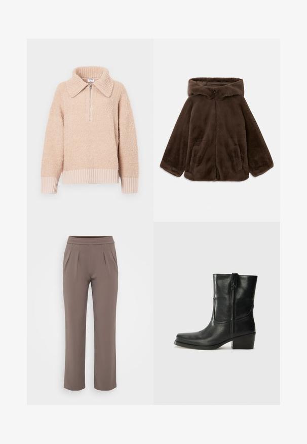 Braune Kunstfelljacke mit Kapuze, Vorderreißverschluss und Seitentaschen, auf einem weißen Hintergrund liegend gezeigt.; Beiger Fleece-Pullover mit Kragen und halbem Reißverschluss. Gerippte Bündchen und Saum. Weiche Textur mit einem gemütlichen Erscheinungsbild.; Taupe-lockere Hose mit elastischem Bund und vorderen Falten, gefertigt aus glattem Stoff.; Schwarze Leder-Ankle Boots mit runder Zehenform, Blockabsatz, seitlichem Reißverschluss und gestickten Akzenten auf dem Blatt. Glatte Textur, klassisches Design.