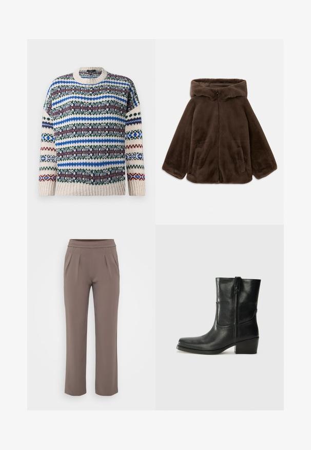 Veste à capuche en fausse fourrure marron avec fermeture éclair avant et poches latérales, présentée à plat sur un fond blanc.; Pull en tricot à col rond avec des motifs Fair Isle horizontaux multicolores en bleu, vert, bordeaux et beige sur les manches longues et le corps.; Pantalons amples taupe avec taille élastique et plis à l'avant, fabriqués en tissu lisse.; Bottine en cuir noir avec un bout rond, un talon carré, une fermeture éclair sur le côté et des coutures décoratives sur l'empeigne. Texture lisse, design classique.