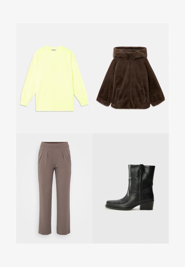 Braune Kunstfelljacke mit Kapuze, Vorderreißverschluss und Seitentaschen, auf einem weißen Hintergrund liegend gezeigt.; Langarm-T-Shirt in leuchtend neon-gelb. Hergestellt aus glattem Material, mit Rundhalsausschnitt und elastischen Manschetten. Markenname dezent auf der Vorderseite aufgedruckt.; Taupe-lockere Hose mit elastischem Bund und vorderen Falten, gefertigt aus glattem Stoff.; Schwarze Leder-Ankle Boots mit runder Zehenform, Blockabsatz, seitlichem Reißverschluss und gestickten Akzenten auf dem Blatt. Glatte Textur, klassisches Design.