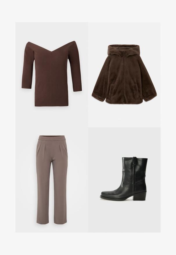Barna műszőrme kapucnis dzseki elülső cipzárral és oldalsó zsebekkel, fehér háttér előtt, laposan kifektetve.; Barna csíkos, vállról lelógó, V nyakú felső, háromnegyedes ujjal és testhez simuló szabással. Sima textúra jellemzi.; Taupe színű, lazán szabott nadrág, gumis derékkal és elülső pliszírozással, sima anyagból készült.; Fekete bőr bokacsizma lekerekített orral, blokk sarkúval, oldalsó cipzárral és varrásos díszítéssel az elején. Simább textúra, klasszikus dizájn.