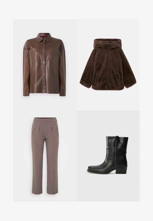 Braune Kunstfelljacke mit Kapuze, Vorderreißverschluss und Seitentaschen, auf einem weißen Hintergrund liegend gezeigt.; Braune Kunstleder-Hemdjacke mit Kragen, vorderem Knopfverschluss und zwei Brusttaschen. Sie hat eine glatte Textur und eine taillierte Passform.; Taupe-lockere Hose mit elastischem Bund und vorderen Falten, gefertigt aus glattem Stoff.; Schwarze Leder-Ankle Boots mit runder Zehenform, Blockabsatz, seitlichem Reißverschluss und gestickten Akzenten auf dem Blatt. Glatte Textur, klassisches Design.