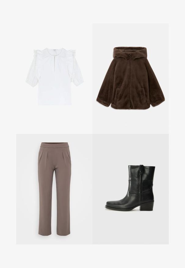 Veste à capuche en fausse fourrure marron avec fermeture éclair avant et poches latérales, présentée à plat sur un fond blanc.; Blouse blanche à manches courtes bouffantes, avec des accents froncés et un décolleté en forme de clé subtil. Tissu lisse avec une texture unie.; Pantalons amples taupe avec taille élastique et plis à l'avant, fabriqués en tissu lisse.; Bottine en cuir noir avec un bout rond, un talon carré, une fermeture éclair sur le côté et des coutures décoratives sur l'empeigne. Texture lisse, design classique.