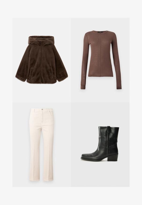 Hnědá bunda s kapucí z umělé kožešiny se zipem vpředu a bočními kapsami, položená na bílé pozadí.; Hnědý dlouhý rukáv top vyrobený z lehkého, hladkého materiálu. Má kulatý výstřih a diskrétní detaily předního švu.; Béžové zvonové džíny vyrobené ze113% bavlny, s vysokým pasem, pěti kapsami, zapínáním na knoflík a jemnými stehovými detaily.; Černá kožená kotníková bota s kulatou špičkou, blokovým podpatkem, bočním zipem a prošíváním na svršku. Hladký povrch, klasický design.