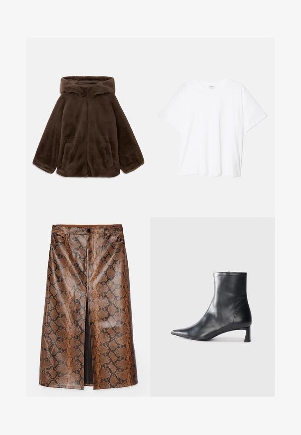 Brown faux fur hooded jacket with front zipper and side pockets, shown laid flat on a white background.; White cotton t-shirt with short sleeves, round neckline, relaxed fit, and stitched hem. Label visible on the inside neck.; Brown snake-print midi skirt made of glossy, textured material, featuring a front slit and traditional jean-style pockets.; Black leather ankle boot with a pointed toe and a sleek design. Features a low heel and a zipper closure at the back. Smooth texture.
