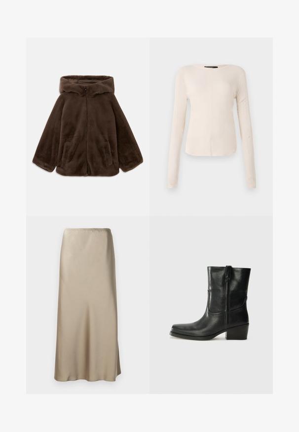 Smeđi lažni krzneni kaput s kapuljačom, prednjim zatvaračem i bočnim džepovima, prikazan u ravnom položaju na bijeloj pozadini.; Dugih rukava, svijetlo bež majica s okruglim izrezom. Izrađena od mekanog materijala, ima središnji šav i blago zakrivljen rub. Nema vidljivih metalnih dijelova.; Satin midi suknja u svijetlo bež boji s elastičnom stražnjom gumicom, glatkom teksturom i lepršavim A-siluetom. Nema vidljivih uzoraka ili metalnih detalja.; Crne kožne čizme do članaka s okruglim vrhom, blok potpeticom, bočnim patentnim zatvaračem i detaljima od šavova na gornjem dijelu. Glatka tekstura, klasičan dizajn.