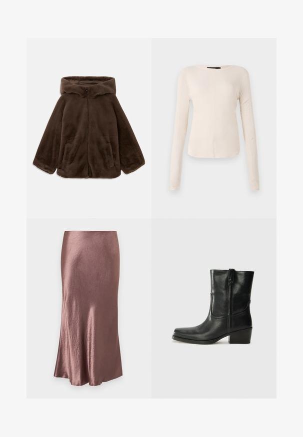 Smeđi lažni krzneni kaput s kapuljačom, prednjim zatvaračem i bočnim džepovima, prikazan u ravnom položaju na bijeloj pozadini.; Dugih rukava, svijetlo bež majica s okruglim izrezom. Izrađena od mekanog materijala, ima središnji šav i blago zakrivljen rub. Nema vidljivih metalnih dijelova.; Satin midi suknja u mauve boji, glatke teksture, blago lepršav rub, s jednostavnim dizajnom i bez vidljivih kopčanja ili ukrasa.; Crne kožne čizme do članaka s okruglim vrhom, blok potpeticom, bočnim patentnim zatvaračem i detaljima od šavova na gornjem dijelu. Glatka tekstura, klasičan dizajn.