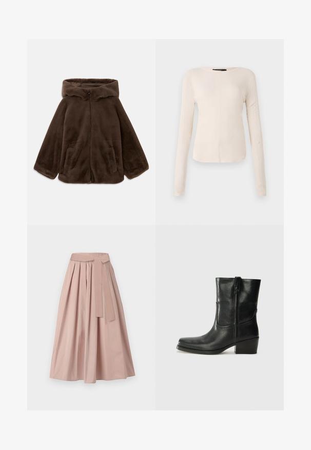 Veste à capuche en fausse fourrure marron avec fermeture éclair avant et poches latérales, présentée à plat sur un fond blanc.; Haut à manches longues, beige clair avec un col rond. Fait dans un tissu doux, il présente une couture centrale et un ourlet légèrement courbé. Pas de métal visible.; Jupe midi rose en tissu structuré, présentant des plis, une ceinture nouée à la taille et une silhouette en A. Texture lisse sans motifs visibles.; Bottine en cuir noir avec un bout rond, un talon carré, une fermeture éclair sur le côté et des coutures décoratives sur l'empeigne. Texture lisse, design classique.